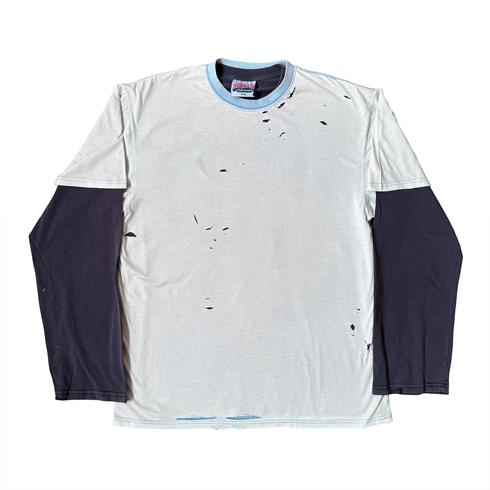 

Винтажная футболка с длинным рукавом, имитация двухслойности, с эффектом потертости, молодежный тренд, из смесового хлопка, дышащая, летний топ для пар