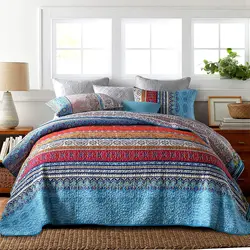 Bohemian Queen Quilt 3 Piece Soft Microfiber Ethnic Style Boho Red and Blue Quilted Throw Bedspreads Reversible Boho Quilt