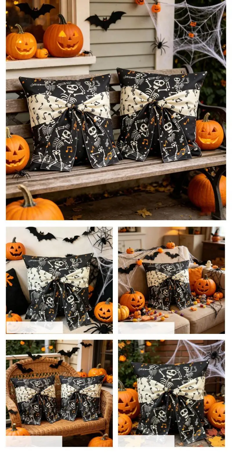 Halloween-Kissenbezug Cojines Totenkopf-Rahmen Polyester Bedruckter Quadratischer Kissenbezug mit Gürtel und Schleifendekoration Sofakissenbezüge – Detail 3