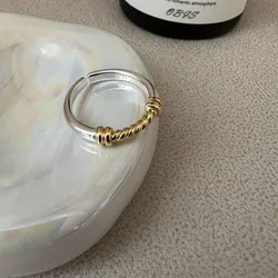 S925 Sterling Silver Korean Version Niche Gold and Silver Contrast Twist Ring Korean Style Simple Fashion Retro Ring Wholesale