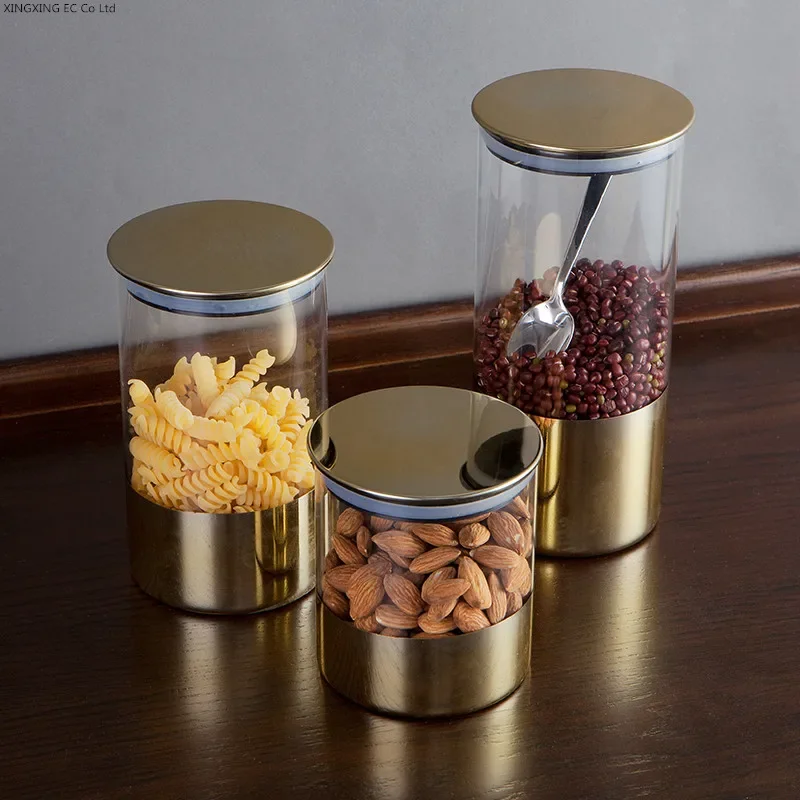 Golden Transparent Glass Bottles, Candy Jars, Household Sealed Jars with Lids, Kitchen Food Storage Jars, Coffee Beans, Tea Jars