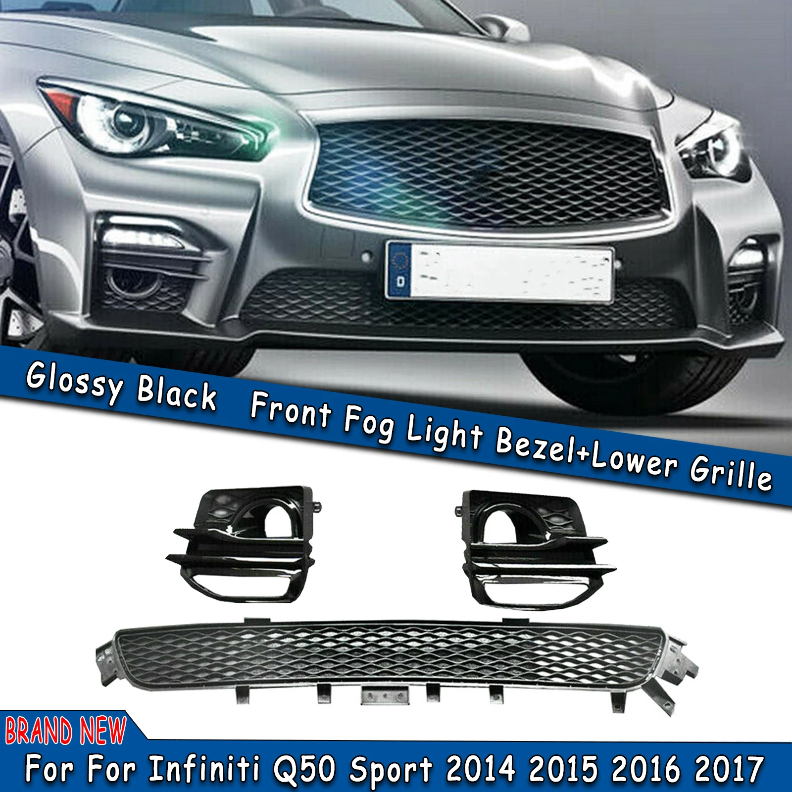 Front Lower Grill & Fog Light Lamp Cover Bumper Hood Air Vent Frame Grille Auto Kit For Infiniti Q50 M Sport 2014-2017