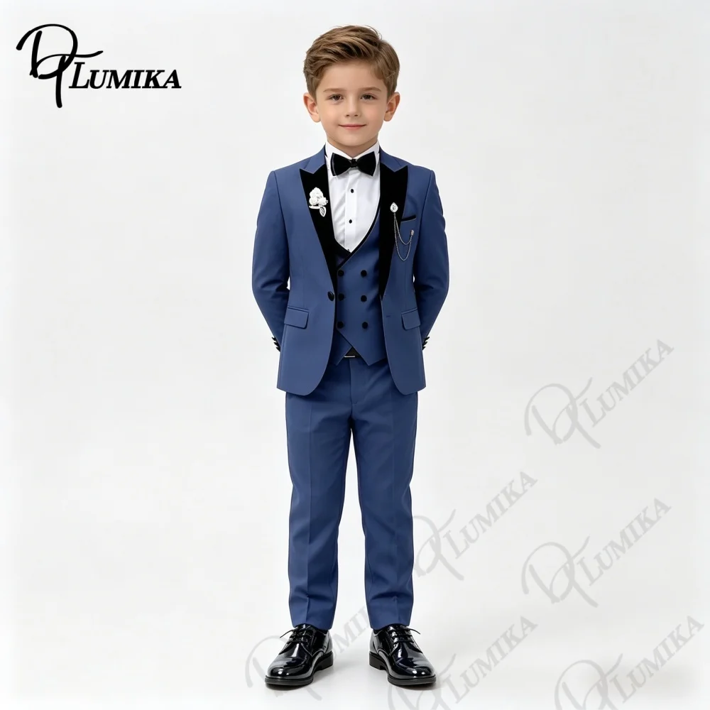 Navy Blue Boys Suit Jacket Vest Pants Set Floral Tie Bowtie Peak Lapel Blazer Kids Formal Tuxedo for Wedding Stage Performance