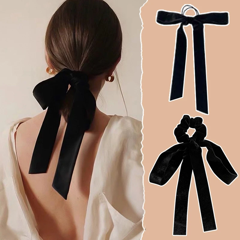 

Fashion Vintage Black Velvet Bow Hair Ribbon Scrunchie For Women Girls Long Elastic Hair Tie Headwear Female Hair Accessories