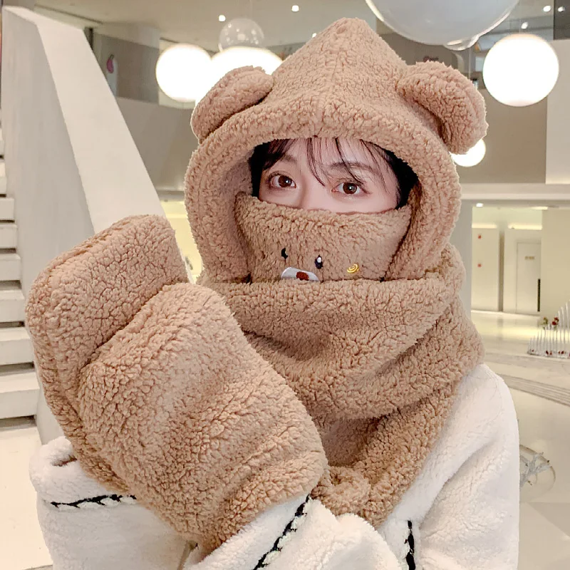 المرأة قبعة قبعة الشتاء المرأة لطيف بالاكلافا الدب الصغير قبعة وشاح قطعة واحدة قفاز ثلاثة في واحد سميكة قبعة صوفية دافئة