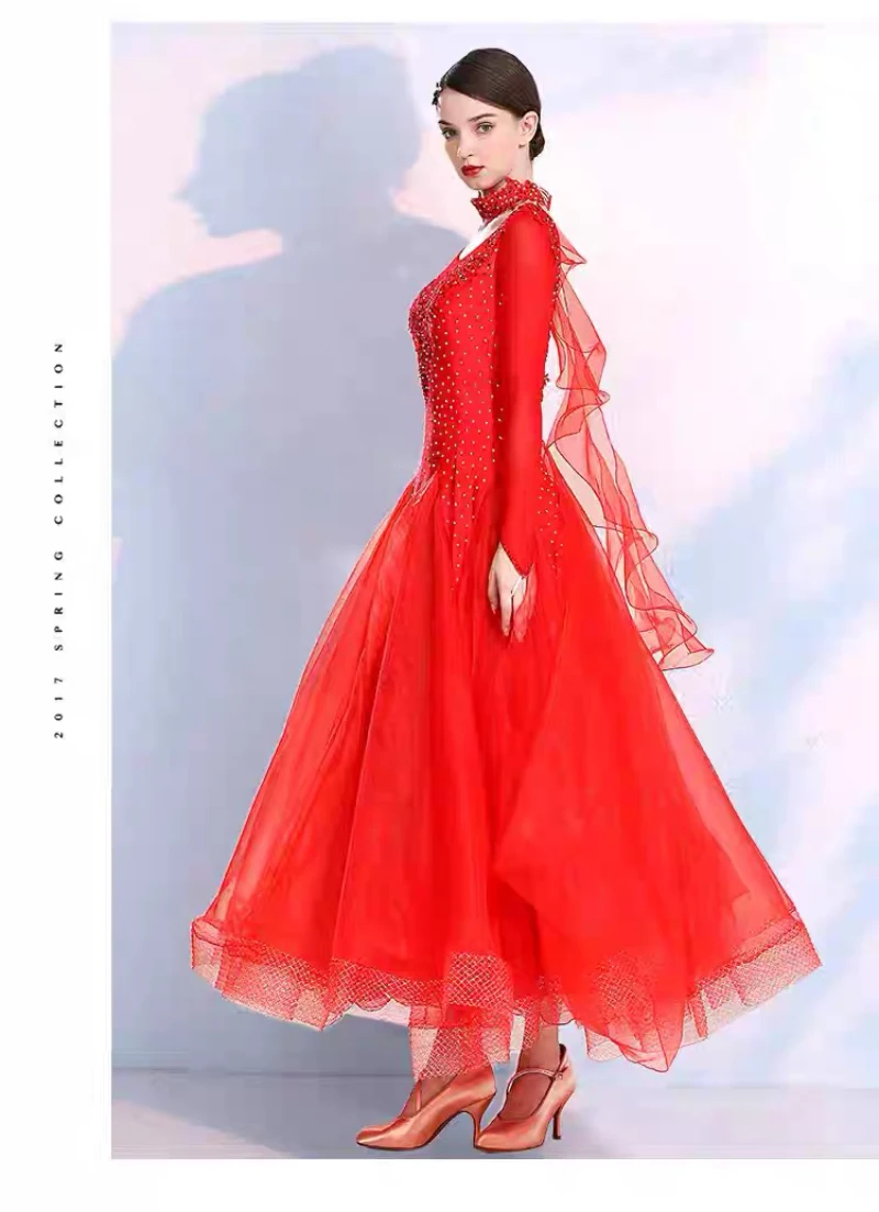 標準社交ダンスドレス女性赤長袖パフォーマンスダンススカートレディースタンゴワルツ社交競技ドレス