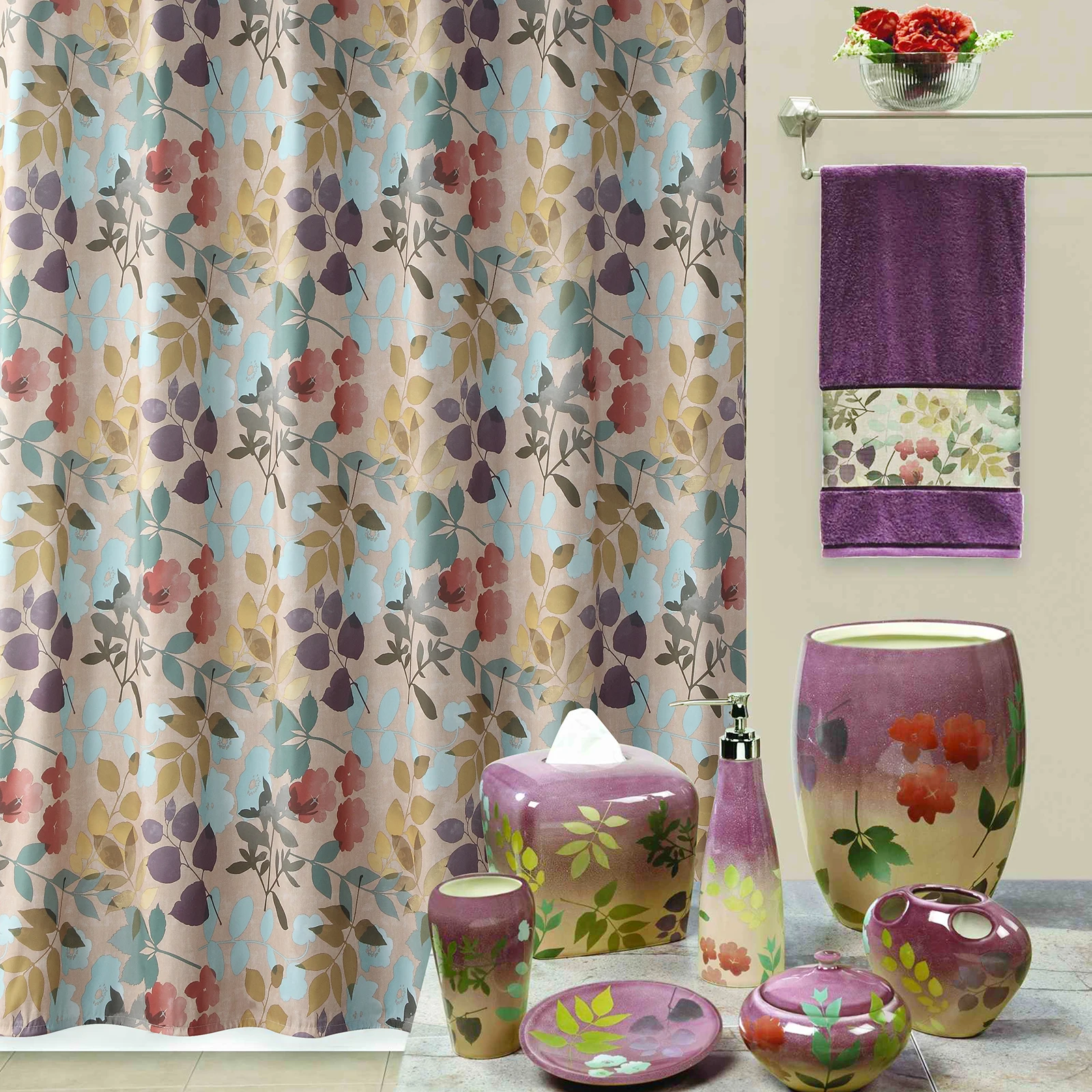 

Moonlight Farmhouse Colorful Flower Polyester Microfiber Fabric Brown Plants Floral Printed Waterproof Vintage Shower Curtain