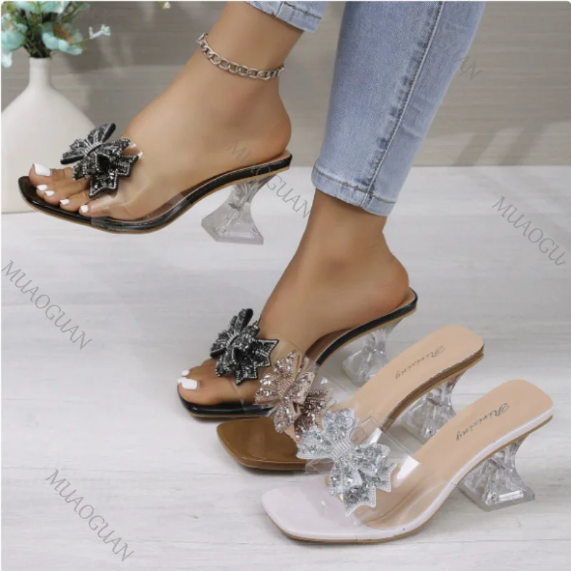 Sandalias de tacón cuadrado para mujer, de PVC, con lazo, antideslizantes, de talla grande, para fiesta, boda, vacaciones, zapatos de vestir