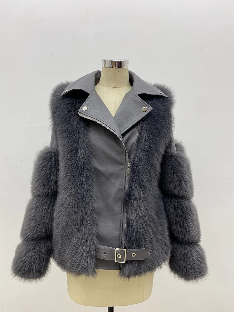 French Elegant Faux Fur PU Splicing Solid Color Retro Commuting Dating Warmth Sweet Fashion Handsome Pink Fluffy Buckle Jacket