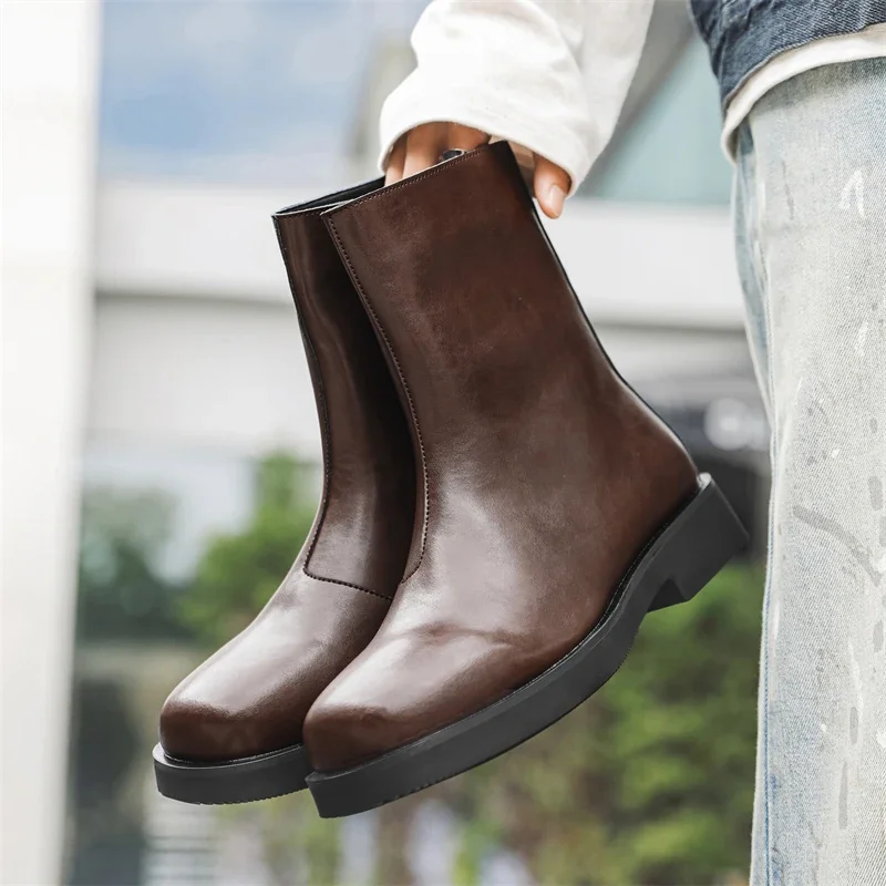 

Side Zipper Ankle Boots Men's Casual High Top Shoes All-match Men Winter Plush Snow Boots Leather Fashion Motorcycle Boots Men