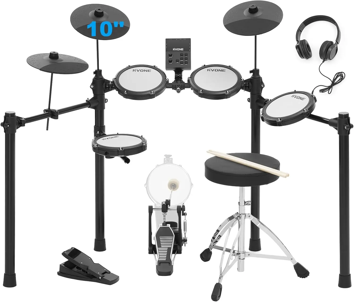 Beginner Electric Drum Set with Kick Hammer Pedal, 10-Inch Cymbals, 4 Mesh Pads, and Adjustable Sensitivity Support