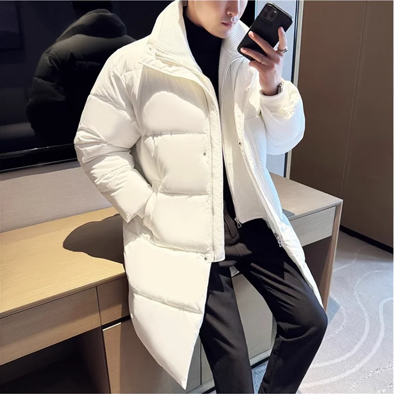 Men Winter Sweater Splicing Long Parkas Jacket Fashion Solid Color Puffer Coats High Quality Men Outdoor Windproof Warm Coat