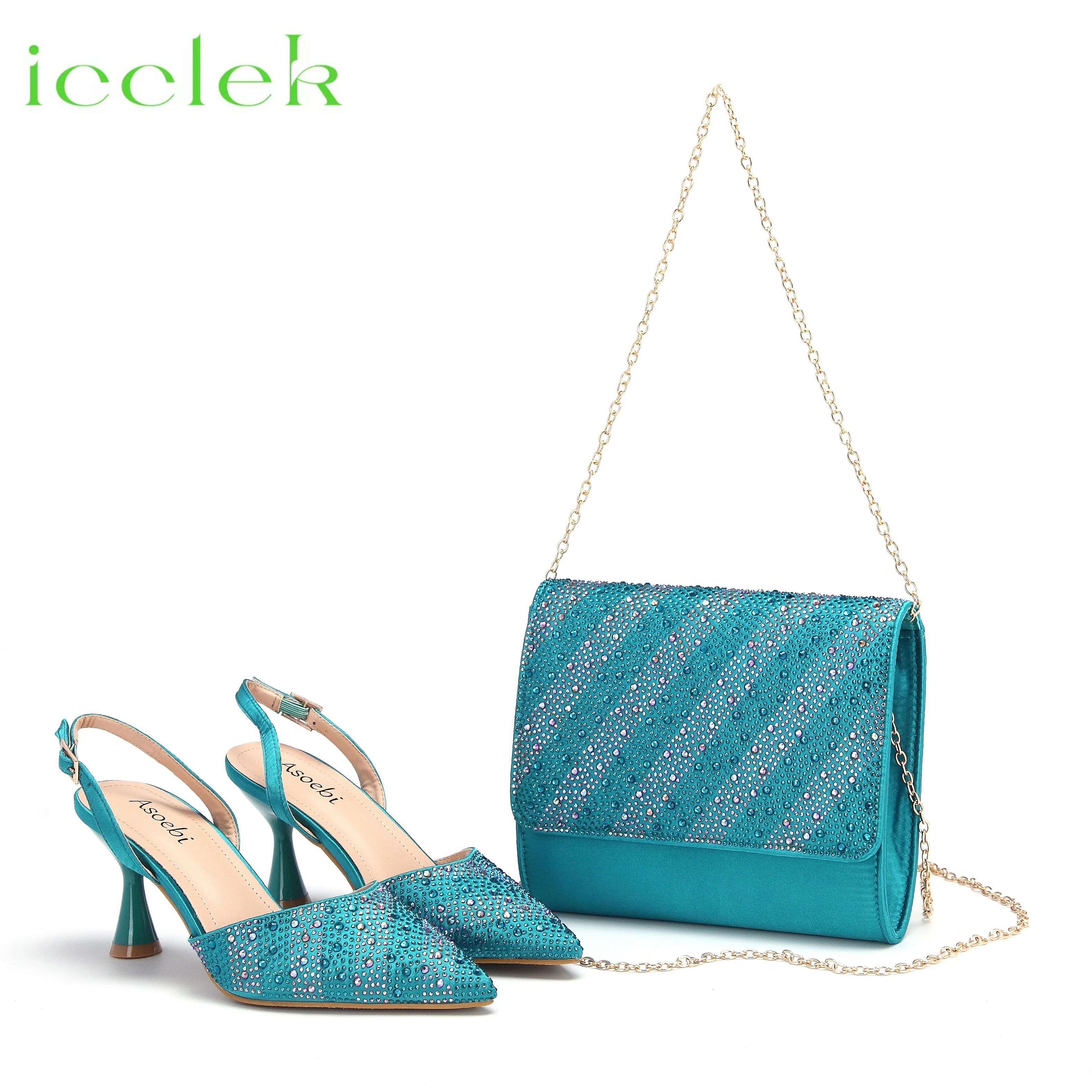 

2024 Teal Color Thin Heels Pointed Toe Crystal Design Ladies Shoes Matching Bag Set For Women Weeding Party Pump