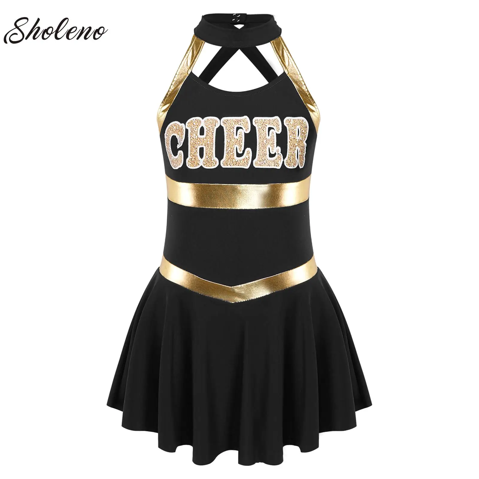 

Girls Cheer Dance Dress Teens Cheer Letter Print Cheerleading Uniforms Sleeveless Cheerlead Dress Halloween Performance Costume