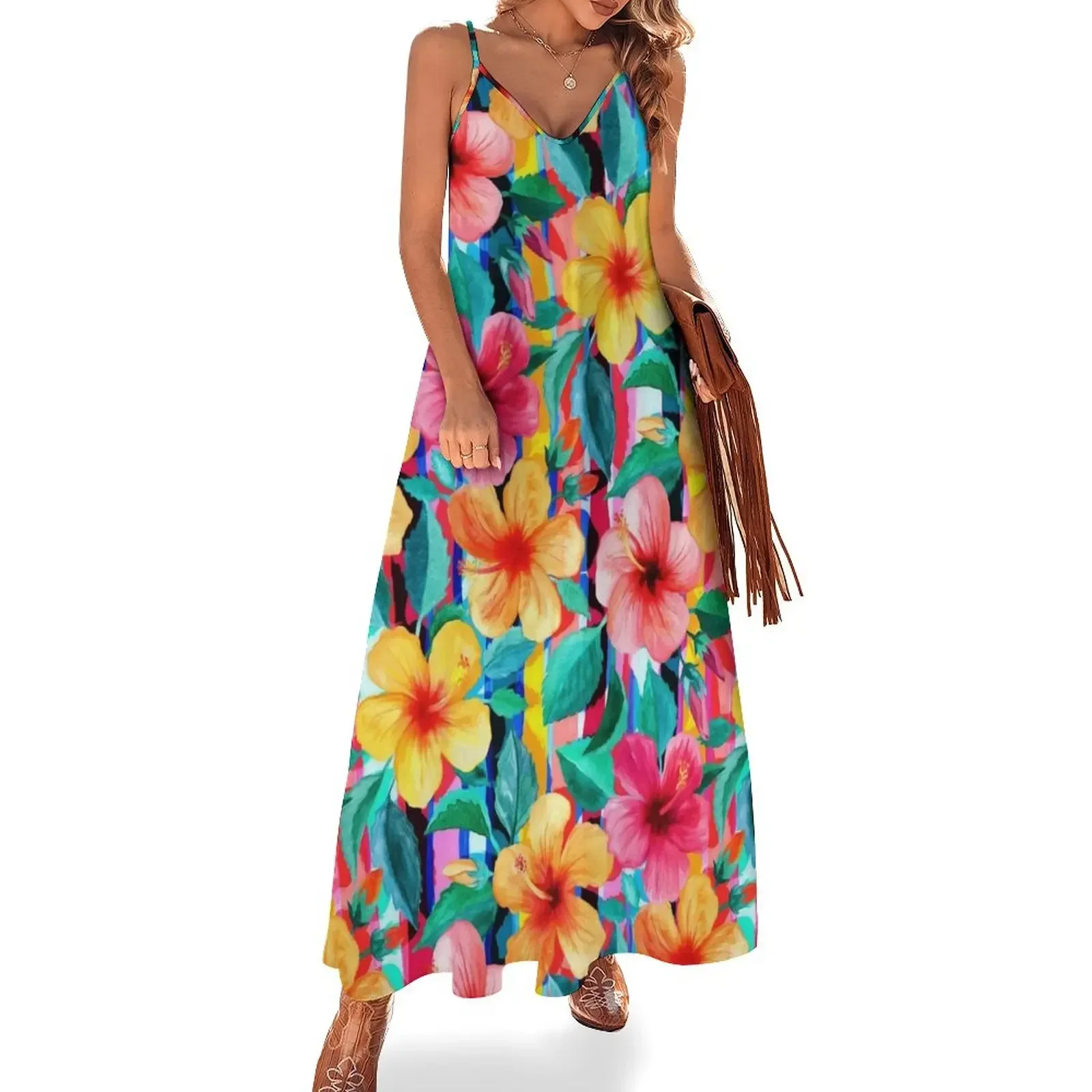 

OTT Maximalist Hawaiian Hibiscus Floral with Stripes Sleeveless Dress birthday dress prom dresses Dress