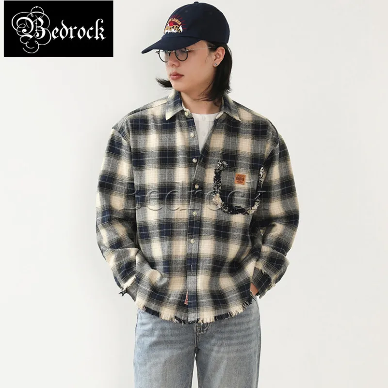 MBBCAR Vintage Plaid Shirt For Men One Washed Distressed Loose Shirt Jacket Fake Pocket Decoration Work Overshirt