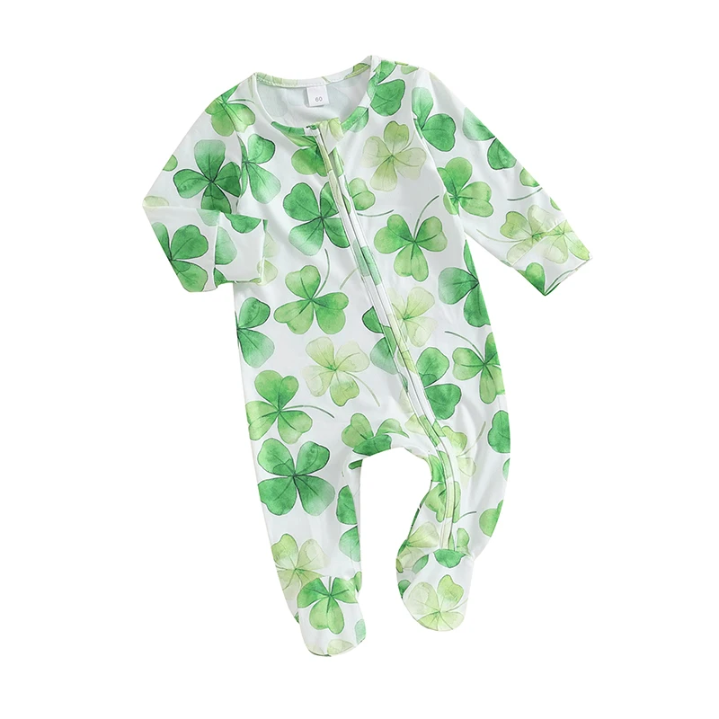 Citgeett Autumn St. Patrick's Day Newborn Baby Boys Girls Footies Rompers Clover Print Long Sleeve Jumpsuits Fall Clothes