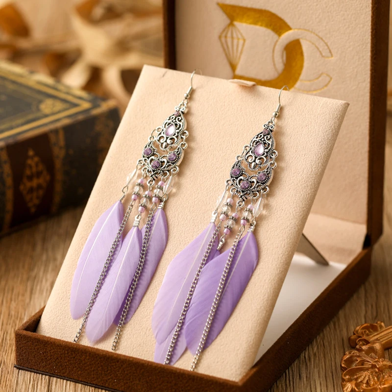 Fashion Crystal Feather Earrings for Women Vintage Insert Rhinestone Long Chain Silver Color Earrings Vacation Party Jewelry