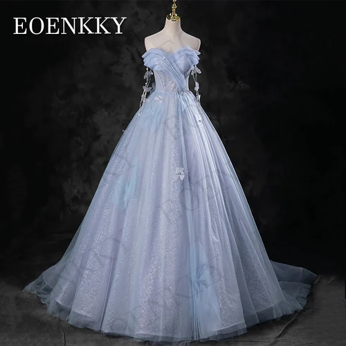 EOENKKY Vestidos de fiesta de princesa con hombros descubiertos color azul línea A perlas flores 3D vestido de noche personalizado Vestido de baile de princesa azul hombro desnudo celebridad Pearl en forma de a vestido