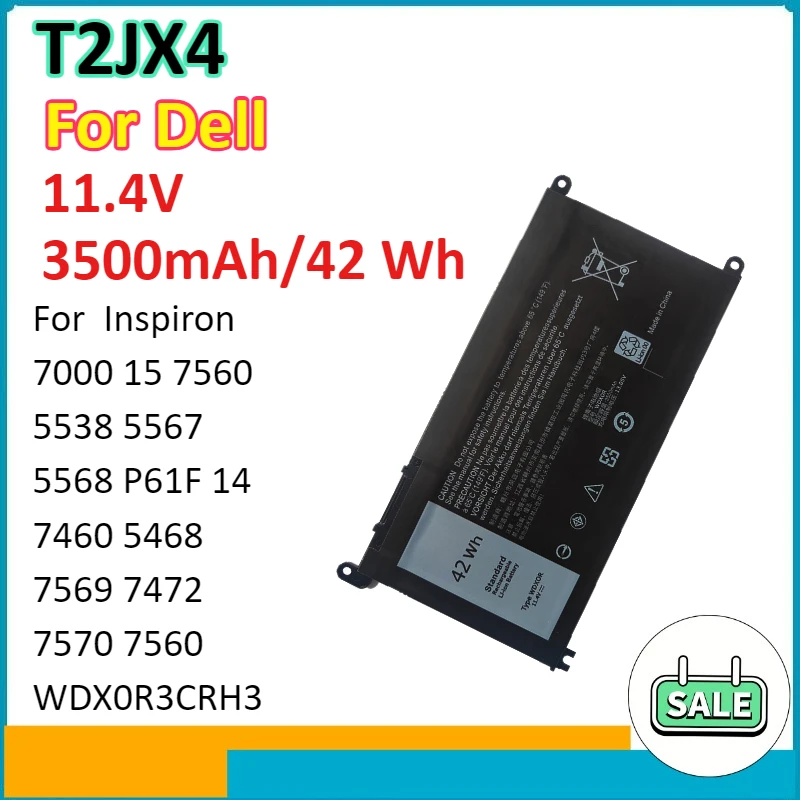 

T2JX4 3500mAh/42Wh Battery For Dell Inspiron 7000 15 7560 5538 5567 5568 P61F 14 7460 5468 7569 7472 7570 7560 WDX0R3CRH3