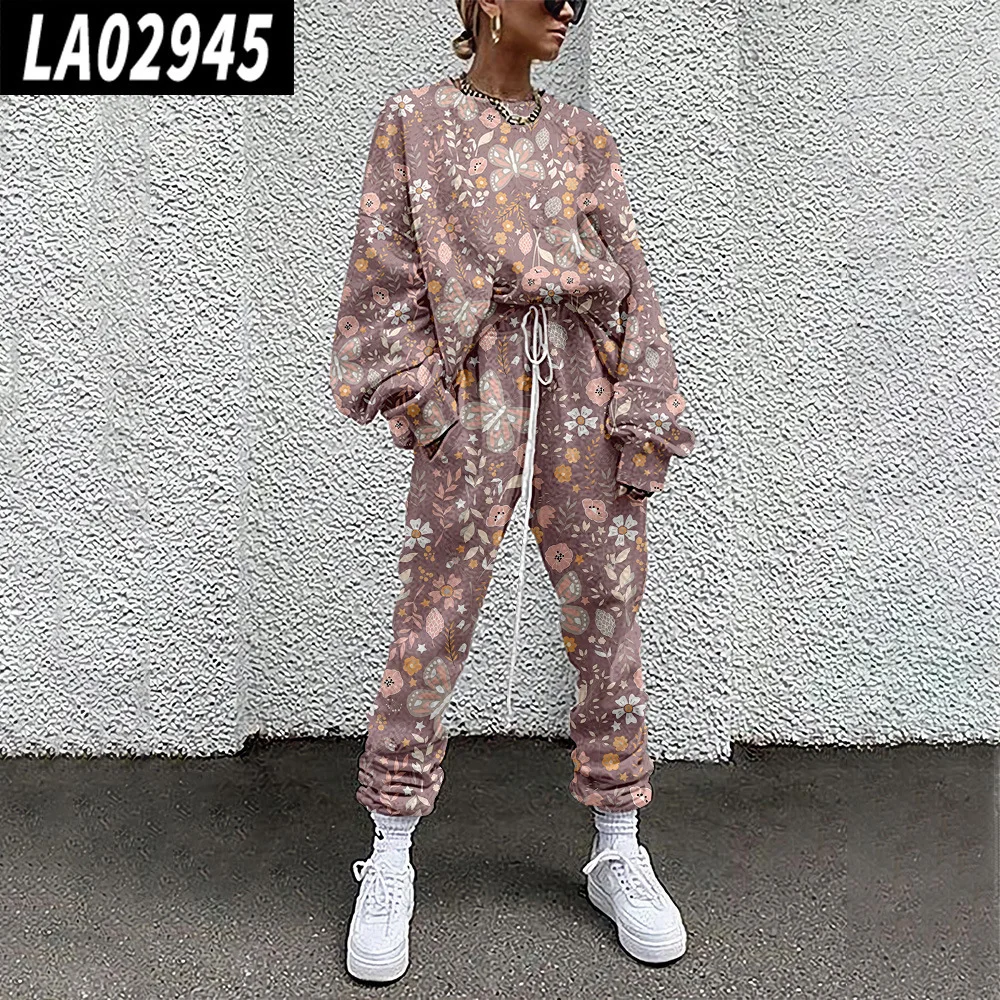 Tuta moda primavera autunno felpe con stampa farfalla tuta sportiva da donna pullover a maniche lunghe set di pantaloni set da due pezzi