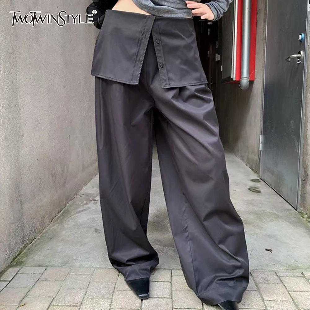 

TWOTWINSTYLE однотонные брюки с занавеской, женские свободные ложные брюки с высокой талией из двух предметов, осенний стиль, новая мода