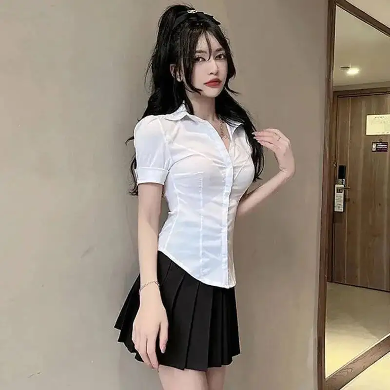 

Summer White Short Sleeve Blouse Women Sexy Slim Pure Desire Jk Spicy Girl Lapel Shirts Korean All Match Streetwear Cropped Tops