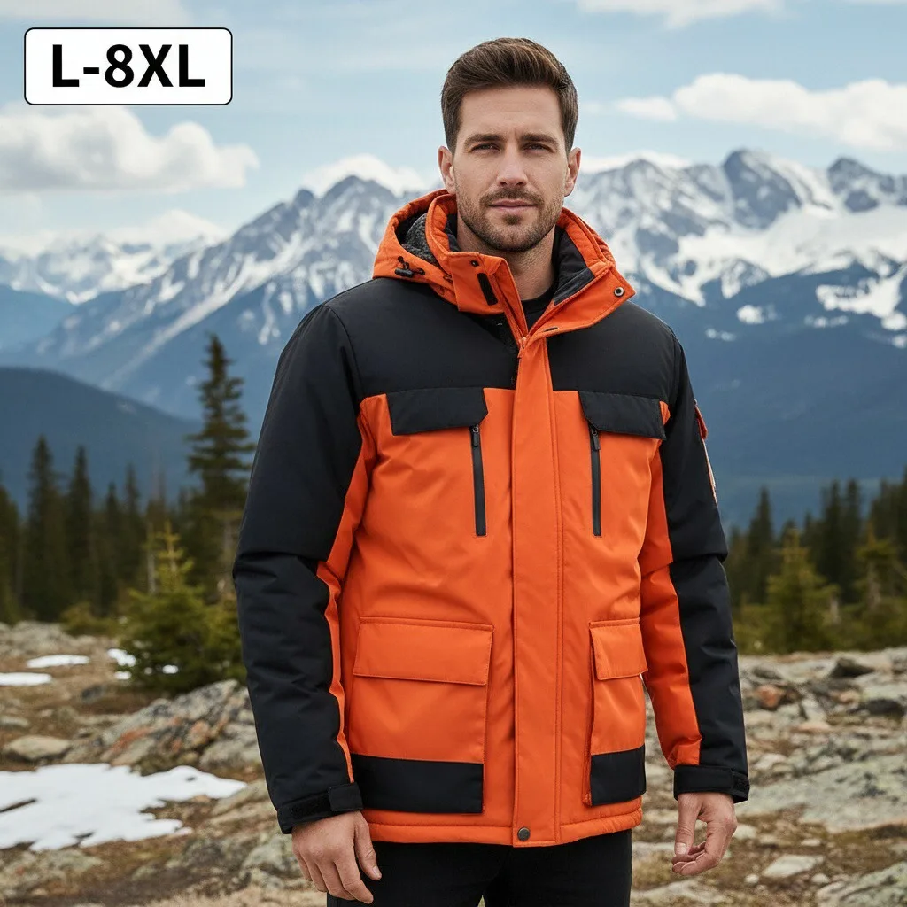 

Branded Men Padded Jacket Warm Outdoor Skiing Windproof Durable Padding Coat Detachable Hood Travel Lightweight Winter Parka