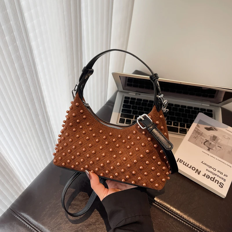 2025 Autumn & Winter New Style Faux Suede Half Moon Shoulder & Crossbody Bags Solid Zipper Beading Retro Handbags for Women #2