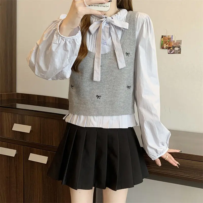 Bow Tie Tied Long Sleeved Shirt Embroidered Bow Tie Knitted Vest Layered Two-piece Set