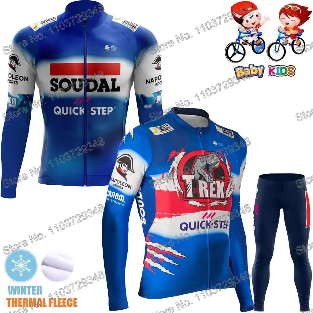 Kids Soudal Quick Step T-Rex 2024 Cycling Clothing Winter Cycling Jersey Set Autumn Road Bike Shirt MTB Bicycle Thermal Jacket