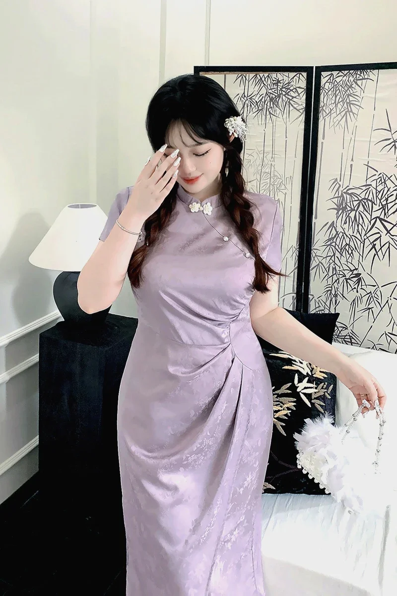 Robe Cheongsam chinoise longue pour femme, grande taille, amélioration moderne, violet, jacquard, style traditionnel chinois, été