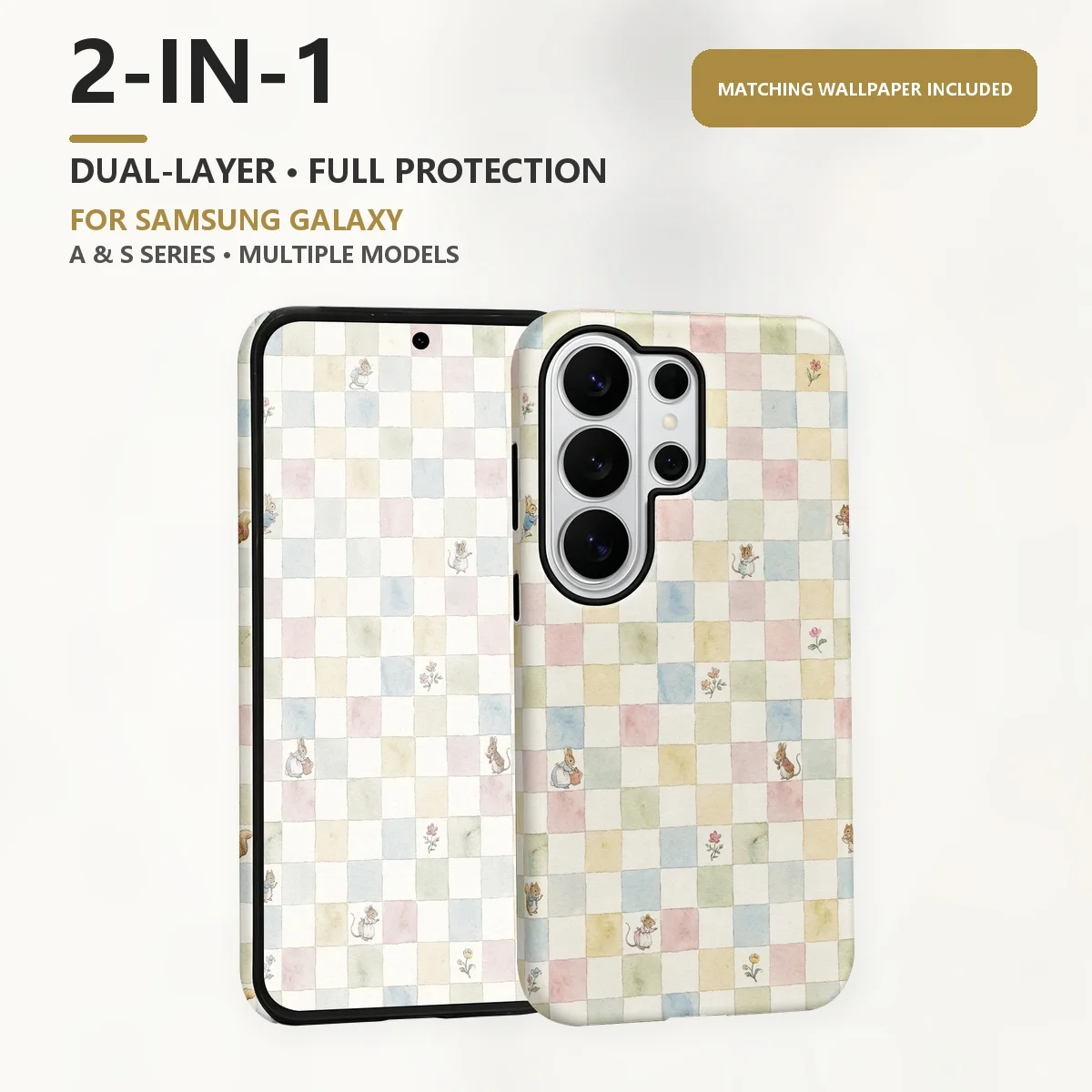 Watercolor Checkered Grid 2-in-1 Dual-Layer Phone Case for Samsung Galaxy S26 S25 S24 Plus Ultra FE S20 FE A56 A17 A16 A15