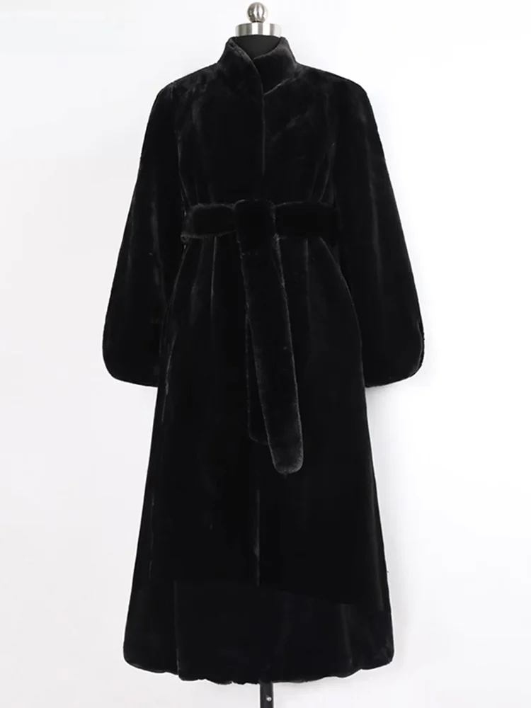 Young Fashion Long A-Line Fur Coat Women's Black Rabbit-Style Synthetic Fur Collar Belted Winter Outerwear Korean Style