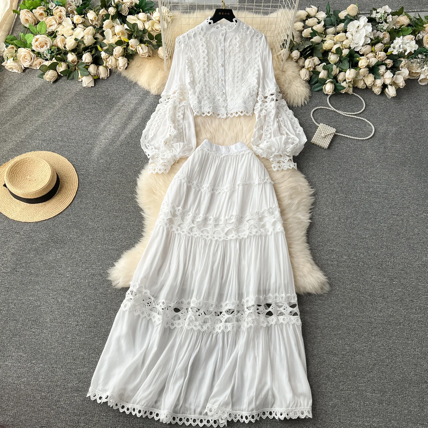 Women Vintage Two Pieces Sets Hollow Out Hookflower Women Lantern Long Sleeve O Neck Women Evening Fashion Vintage Slim Dress