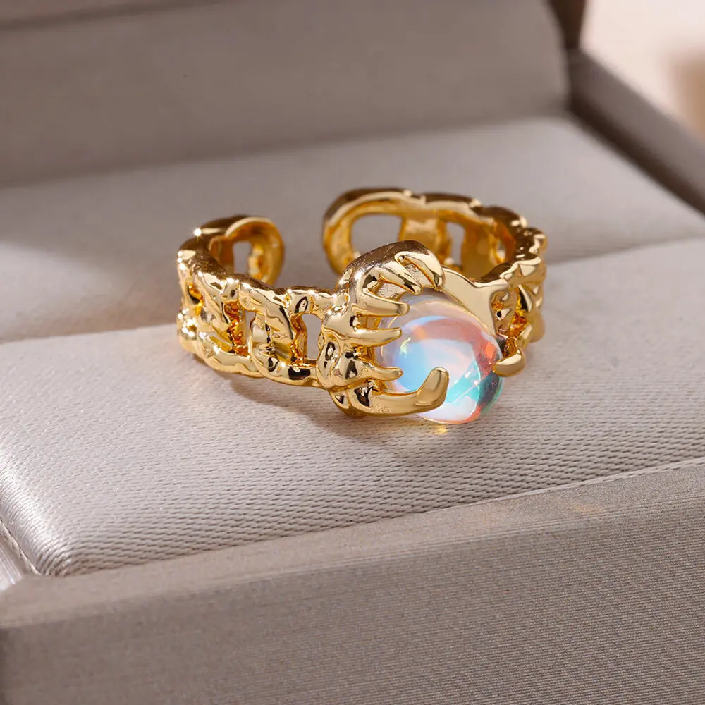 Nature Opal Stone Rings for Women Gold Color Adjustable Stainless Steel Ring Vintage Femme Wedding Jewelry Free Shipping anillos