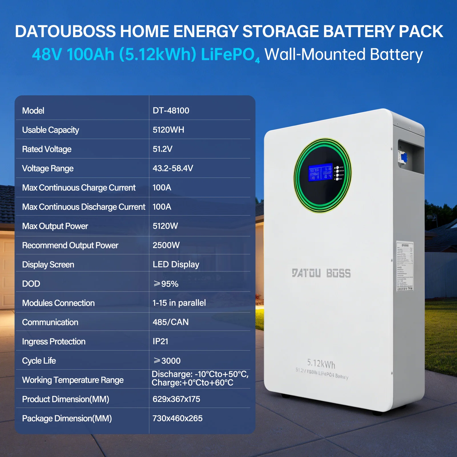 DATOUBOSS 51.2V 100Ah 5.12kWh Wall‑Mounted LiFePO4 Battery DT‑48100 Home Energy Storage Battery Built‑in Smart BMS 485/CAN Communication Support 1‑15 Parallel for Solar System