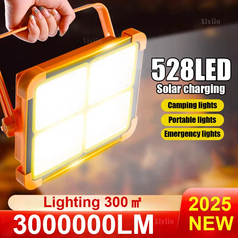 

Солнечный светодиодный прожектор 528LED с зарядкой от солнечной энергии, водонепроницаемый IP66, портативный, для кемпинга, с функцией Power Bank 10000 мАч, для аварийного освещения на открытом воздухе