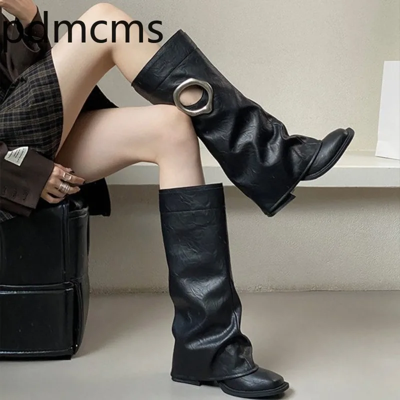New Women's Shoes Autumn Metal Hollow Out Fashion Boots Designer Square Headed Knight Boots High Leg Pants Boots Botas Feminina