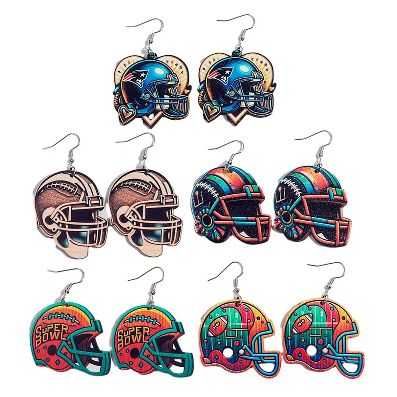 Nuevo colorido gorra de jugador de Rugby pendientes deportivos de madera para mujeres niñas casco de fútbol pendientes colgantes soporte para fanáticos regalos de joyería