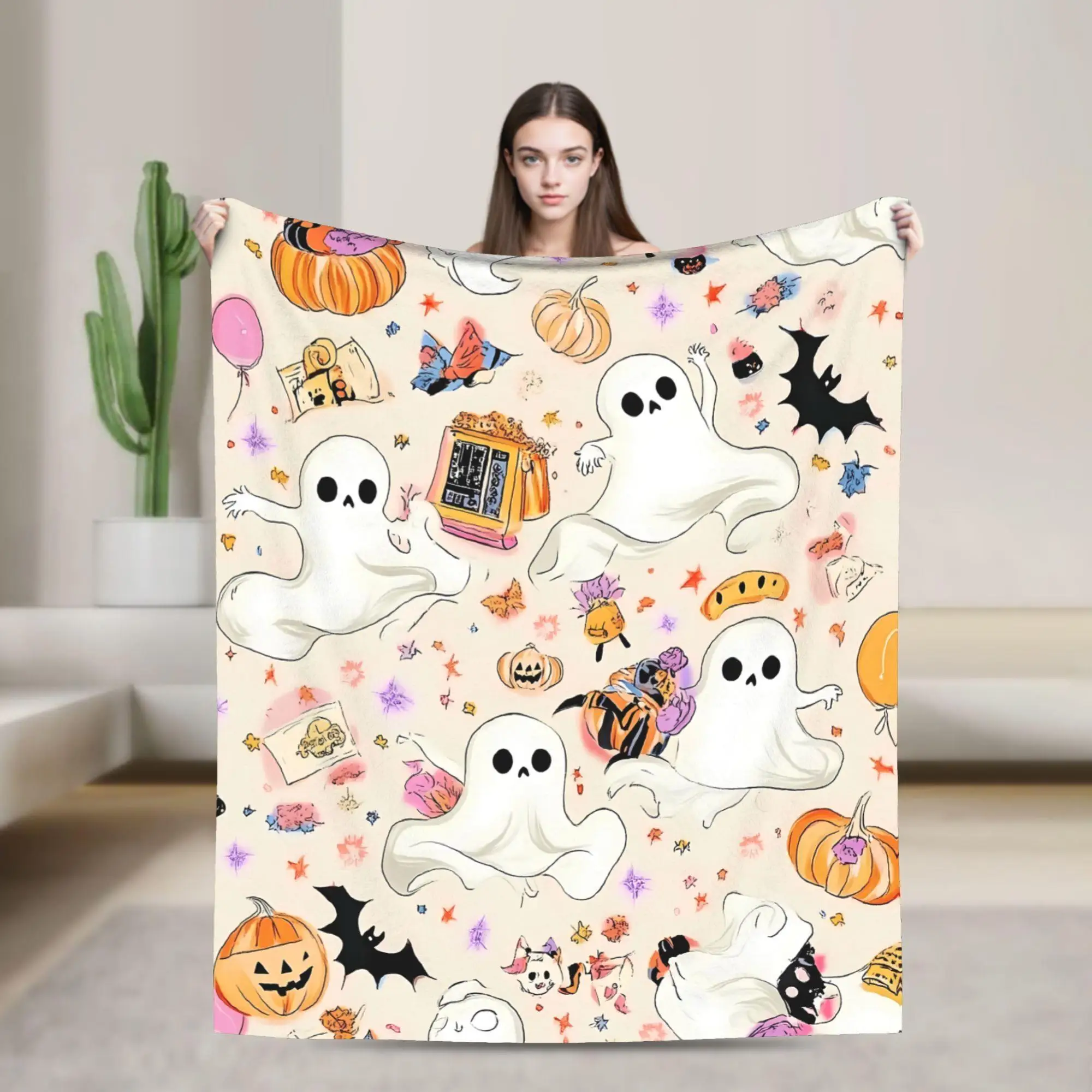 Halloween Blanket - Soft Warm Flannel Throw with Ghosts, Pumpkins, Bats - Pastel Colors