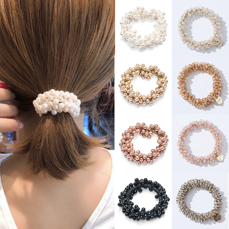 

1pc Women Crystal Pearls Hair Ties Beads Girls Scrunchies Elastic Rubber Bands Hair Rope Ponytail Holder Ladies Hair Accessories