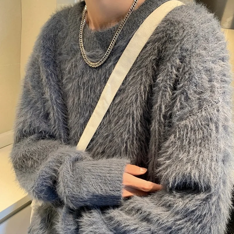 Suéter suave y pegajoso de piel de visón, suéter básico de punto de moda, de alta gama para hombre, grueso de otoño e invierno