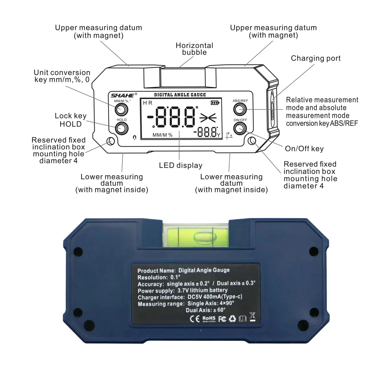 SHAHE MINI Magnetic Level Gauge Inclinometer Rechargable Angle Protractor Dual Axis Digital Angle Finder With Level Bubble