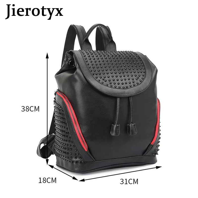 JIEROTYX Womens Studded Black Leather Backpack Casual Pack School Bags for Girls Punk Casual Traveling Daypack Bookbag Men