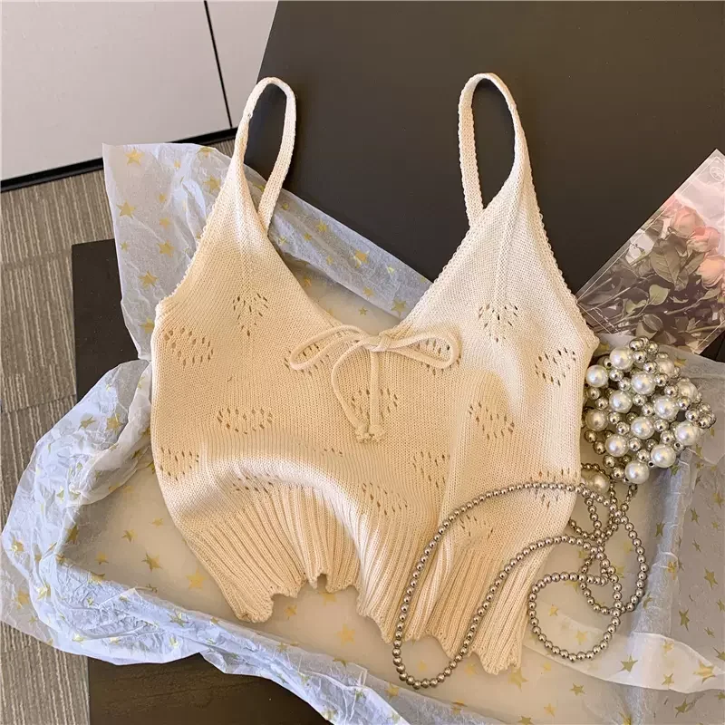 Women Beige Hollow Out Knit Camisole Top V Neck Tie Front Sleeveless Slim Fit Cropped Casual Summer Y2K Korean Style All Season