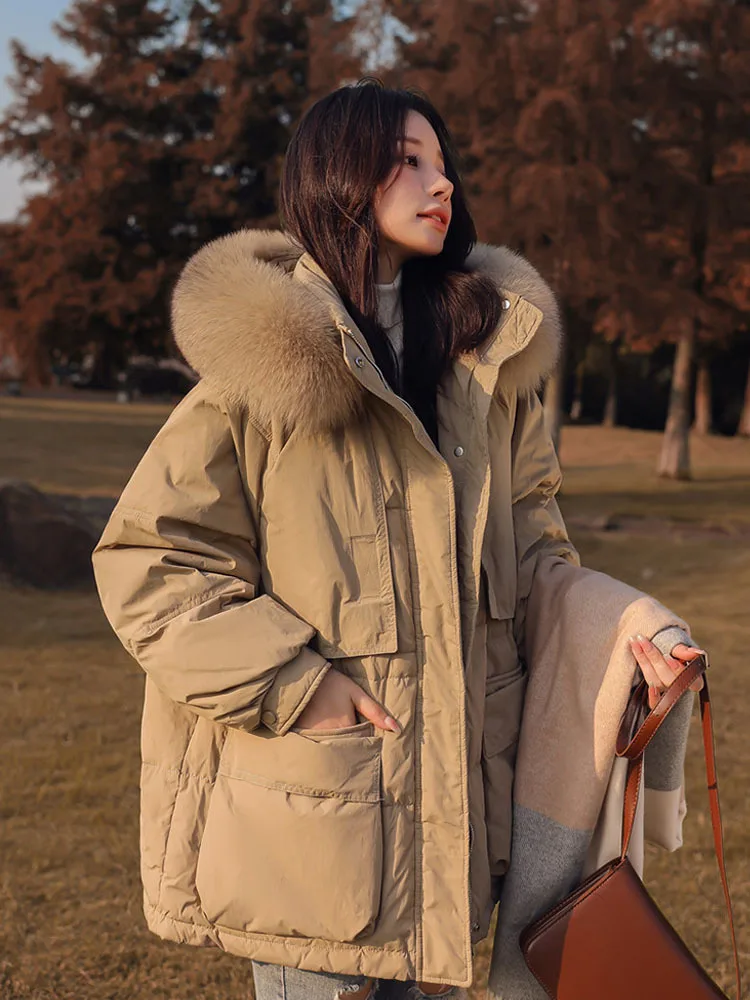 2023 Short Puffer Jacket Women 90% Duck Down Coat Huge Fox Raccoon Fur Hooded Winter Thicken Female  Feather Parkas