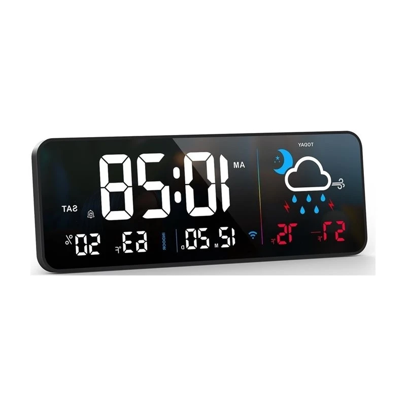 A98E-Real-Time Digital Wall Clock, Corded Smart LED Alarm Clock,Large Display With Network Auto-Sync, Weather,Humidity