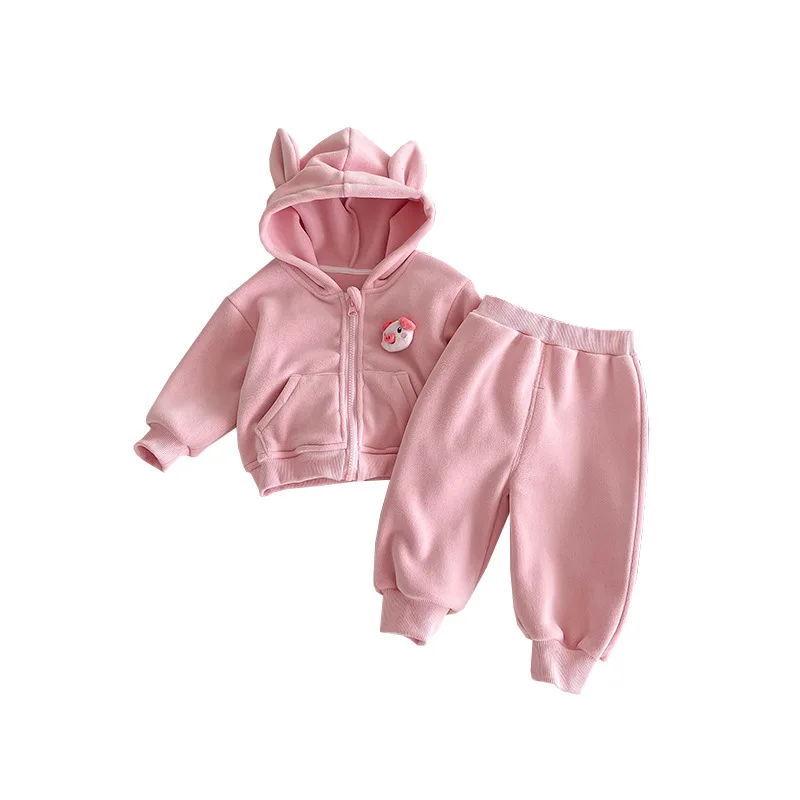 UNIFEMEN 0-3 Years Baby Girls 2PCS Winter Clothes Set Hooded Pocket Cartoon Hoodies Solid Velvet Pants Suit Infant Girls Outfit