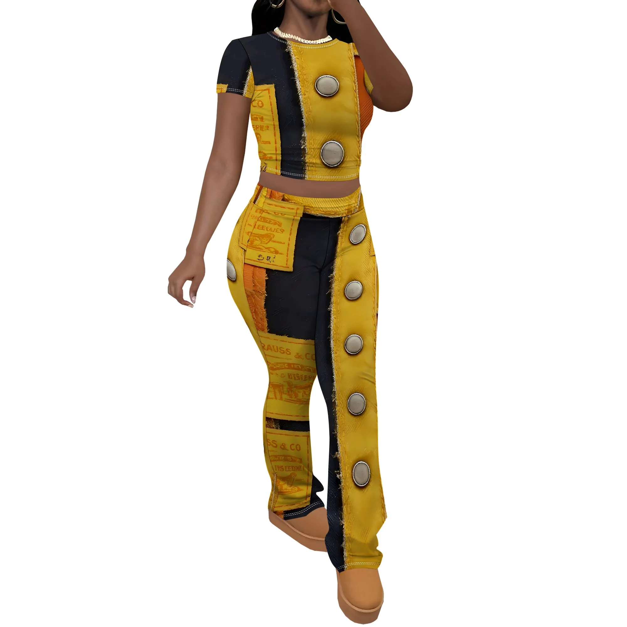 Nupusa Denim - Look Print Two - Piece Set 여성 여름 짧은 소매 캐주얼 의상